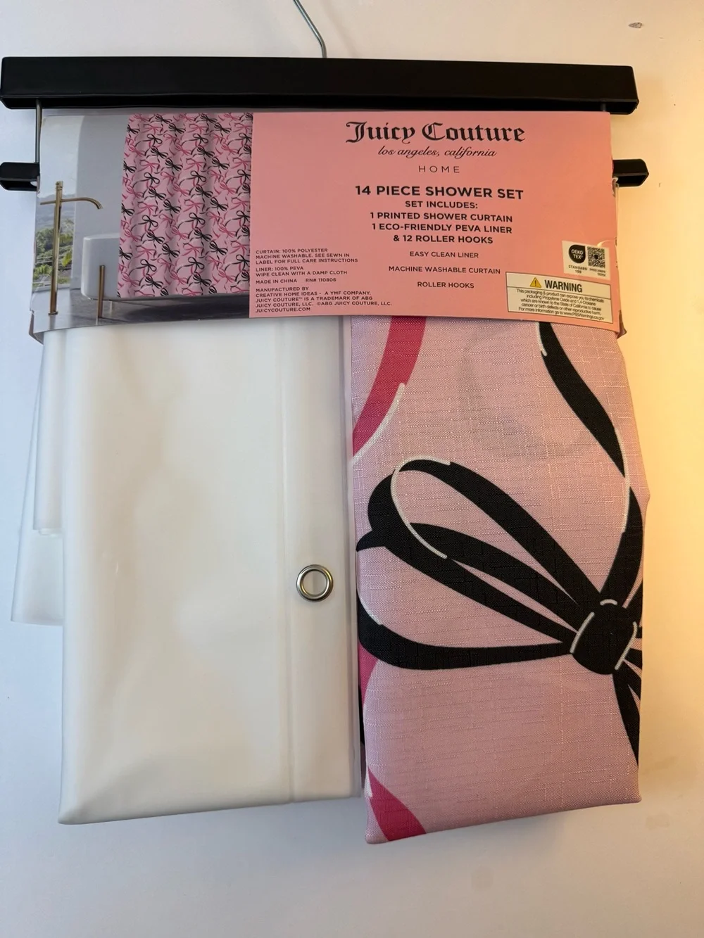 NWT Juicy Couture Home Coquette Bow Shower Curtain 14PC Set Pink Black